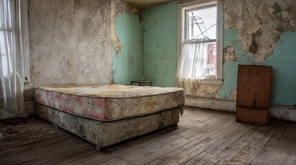 Abandoned Bedroom with Worn Mattress and Peeling Walls in a Neglected House