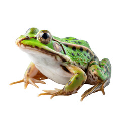 Obraz premium Close-up of a vibrant green frog with distinctive markings and large eye sitting on a white background showcasing amphibian texture and detail