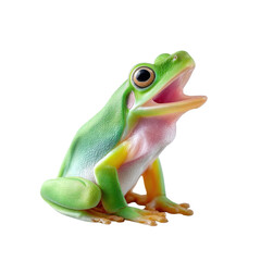 Obraz premium Vibrant green tree frog with large eyes and open mouth, sitting on white background, detailed close-up of amphibian species, colorful and lively reptile.