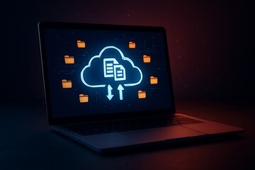 Laptop displaying cloud data transfer cloud computing