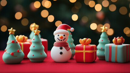 Gift boxs on Christmas with snowman and some decoration on Blurred bokeh light background