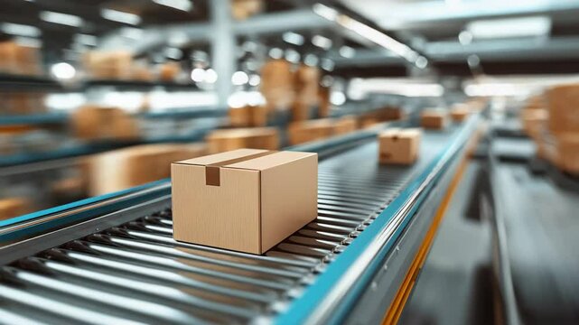 Packages moving rapidly on a conveyor belt in a large warehouse, showcasing logistics and automated sorting systems in motion.