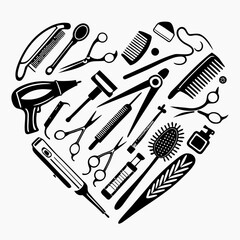 Black and white heart shape comprised of hair styling tools