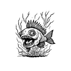 Illustration of a scary fish with sharp teeth and big eyes in black and white sketch style