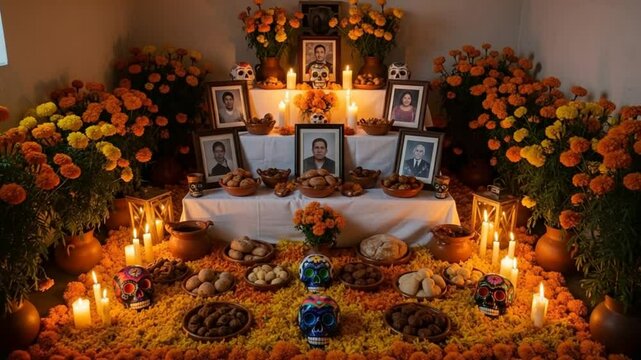 A vibrant Day of the Dead ofrenda, adorned with marigolds, candles, photos of ancestors, and traditional offerings.