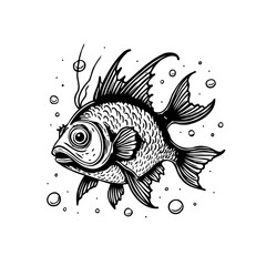 Detailed black and white vector illustration showcasing a fish surrounded by bubbles offering a classic artistic appeal