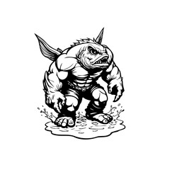 Illustration of muscular fish monster with fins walking in water creates a bold and fantasy design