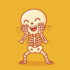 This cartoon skeleton with a big skull stands playfully with hands on its face, mouth wide open in laughter — radiating fun against a bright yellow backdrop.