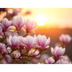 Fototapeta premium Close-up of a blooming pink magnolia tree set against a sunset. Lovely branch of pink magnolia. Selective focus. Lovely spring floral backdrop 