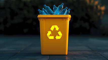 Yellow recycling bin filled with blue plastic bottles, symbolizing waste management and environmental conservation.