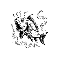 Detailed vintage illustration capturing a surprised fish with open mouth surrounded by wavy smoke