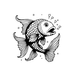 Whimsical koi fish illustration with heart bubbles conveying emotions in simple black and white design