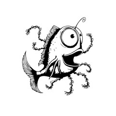 Cartoonish fish with oversized eyes and leafy tendrils floating in a stylized black and white rendition