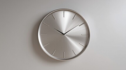 **A soft neutral-colored room wall featuring a centered silver clock with smooth brushed metal finish and clean surrounding layout