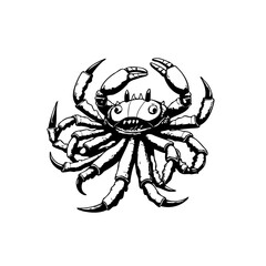 Creepy crawly crustacean cartoon illustration creating a spooky aesthetic, an ocean animal theme and a black and white scary vibe