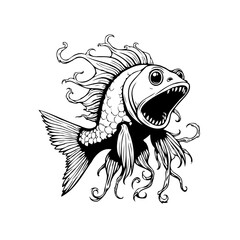 Disturbing aquatic creature with bulging eyes and open mouth in a unique illustrative line drawing, horror