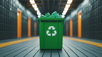 A green recycling bin overflowing with plastic bottles stands in a futuristic corridor with glowing lights and orange doors.