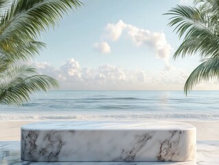 ultra HD visual of table top marble empty surface and beach ocean sea background with palm leaves dais podium tabletop for summer luxury product display high detail 8k
