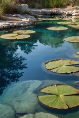 Naklejka premium Serene Pond with Lily Pads and Reflections of Overhanging Trees, Natural Beauty.
