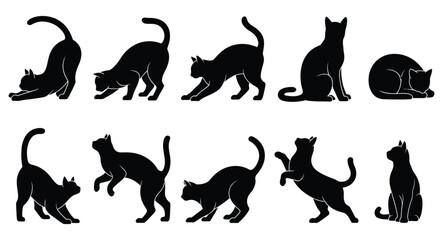 Silhouette illustrations of cats in diverse poses including stretching, jumping, sitting and walking, ideal for pet-themed design projects