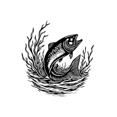 A captivating graphic illustration of a fish leaping from water surrounded by branches and ripples enhancing the natural world