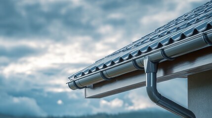 Modern Roof Design with Gutters Under Dramatic Sky Featuring Clouds and Soft Ambient Light in Backdrop