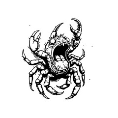 Creepy Crawly Crab Creature Illustration with Sharp Claws and Open Mouth against a White Background Isolated
