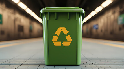 A green recycling bin with a yellow recycling symbol stands centered in an empty, underground tunnel or subway station with blurred lights.