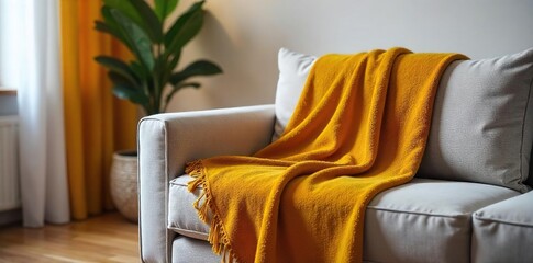 Cozy living room scene featuring a plush throw blanket draped over a comfortable sofa, adding warmth and style to the space Perfect gift for housewarming or any occasion , design, cream