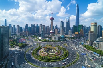 Sunny day showcasing Shanghai's bustling cityscape with famous roundabout and iconic skyline, sunny day shanghai city famous traffic round road junction aerial top view china