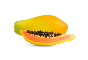 Ripe orange papaya fruit and a slice with seeds isolated.