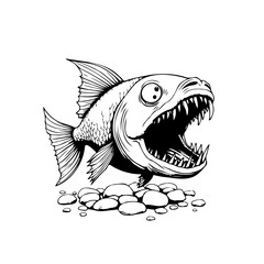 Detailed black and white illustration of a cartoon fish with sharp teeth open mouth vector art predator