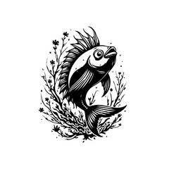 Elegant monochrome drawing of a fish surrounded by aquatic plants in a stylized form illustration art