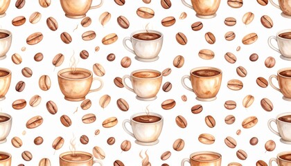 Obraz premium Seamless coffee pattern, a stylish design with coffee beans and cups for cafe lovers