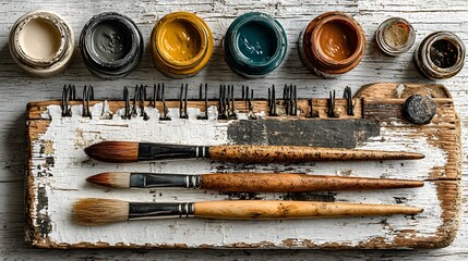 A set of paintbrushes and paint pots are arranged on a rustic wooden palette