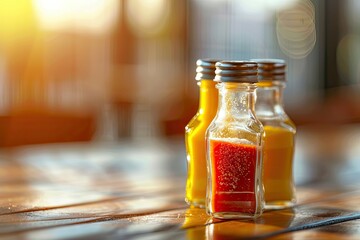 High Detail Visual of Salt Shaker in Glass Bottle with Ketchup and Mustard