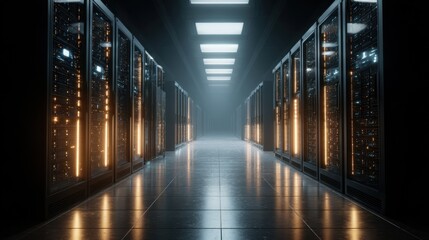 Obraz premium Futuristic Data Center Corridor with Rows of Server Racks and Dramatic Lighting Effects in a Dark Environment