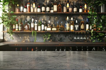 Grey Table Top and Beautiful Bokeh Shelves with Alcohol Bottles at the Background