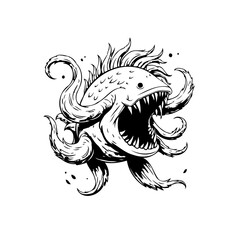 Illustrative sea monster with tentacles and sharp teeth in vintage style, perfect for tattoo design