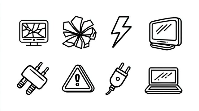 Futuristic Broken Tech Icon Set in Y2K Vector Style on White Background