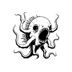 Detailed monochrome illustration of a terrifying octopus creature with menacing teeth and tentacles art