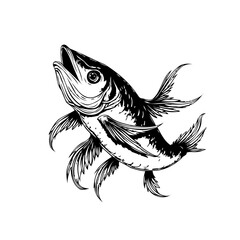 Illustration of a striking fish drawing in black and white tattoo style with intricate details and motion effect art