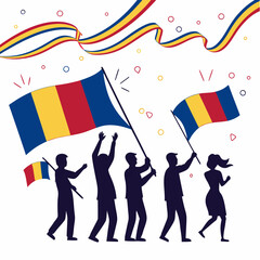 Celebrating Romanian National Day People Parading with Flags, Festive Ribbons, and Confetti