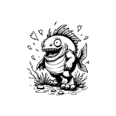 A humorous depiction of a fantastical fish creature in black and white drawing illustration artwork
