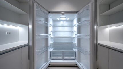 Fototapeta premium Modern interior of an empty refrigerator with bright lighting and sleek design perfect for kitchen spaces