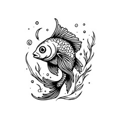 Detailed line art illustration depicting a swimming goldfish in aquatic plants and bubbles under moon