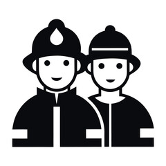 Black and White Silhouette of Two Firefighters Wearing Helmets with Friendly Smile Expressions