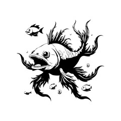 Black and white drawing showcasing aggressive stylized fish swimming in deep waters with sharp teeth