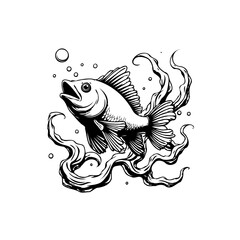 Detailed monochromatic fish illustration with flowing water showcasing artistic elements underwater world in black and white