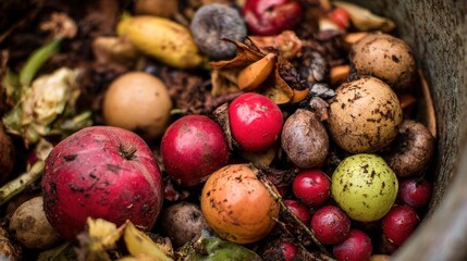 Obraz premium Colorful Collection of Organic Waste in Compost Bin with Fruits and Vegetables on Brown Background